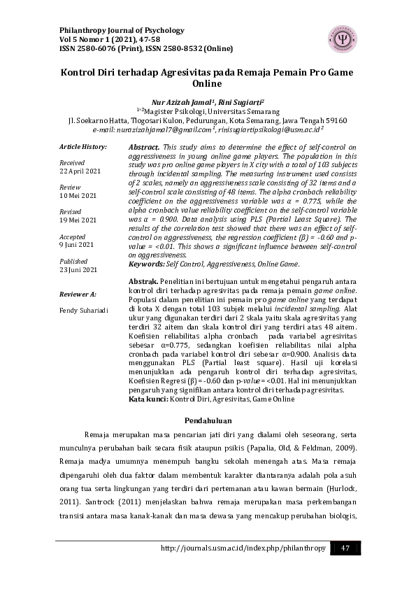 Pdf Kontrol Diri Terhadap Agresivitas Pada Remaja Pemain Pro Game Online