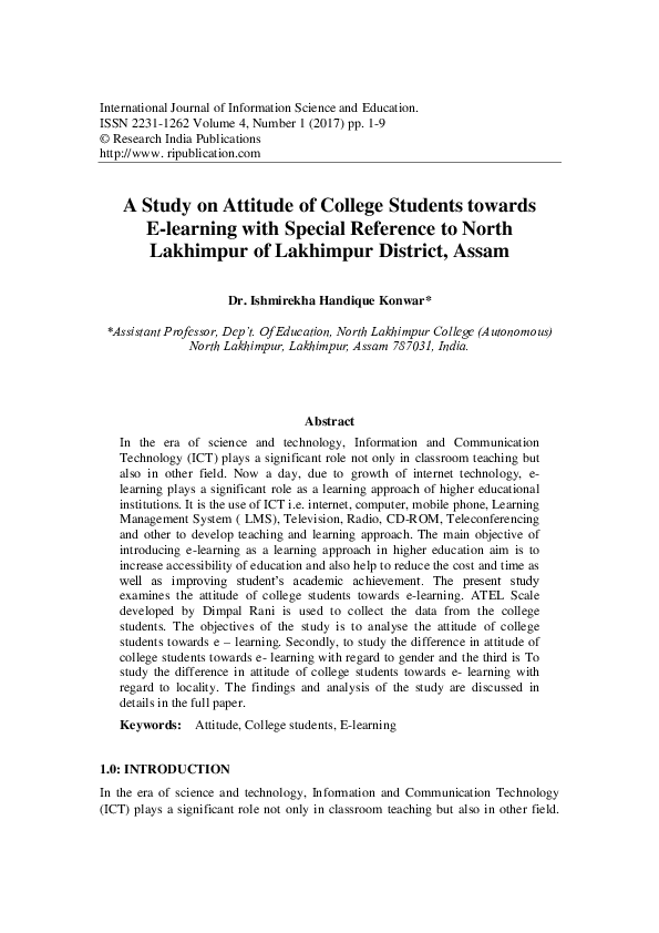(PDF) A Study on Attitude of College Students towards E-learning with ...