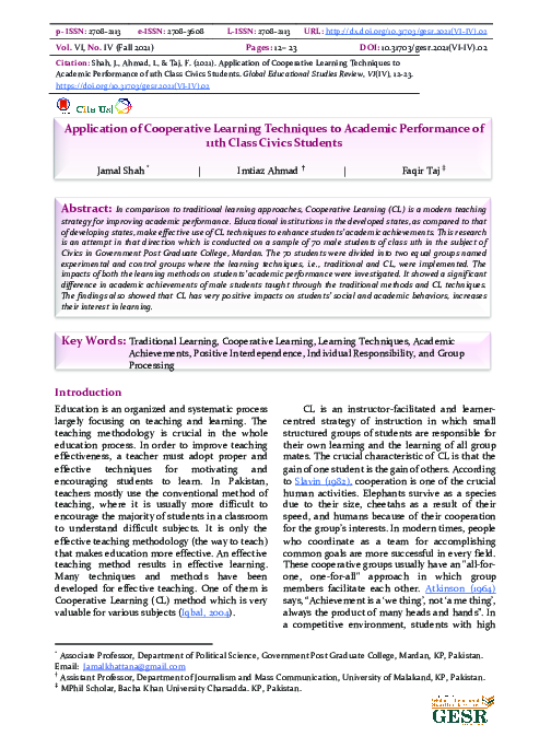 (PDF) Application of Cooperative Learning Techniques to Academic ...