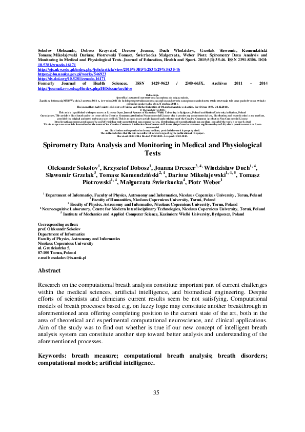 (PDF) Spirometry Data Analysis and Monitoring in Medical and