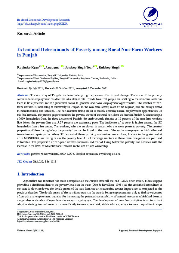 (PDF) Extent and Determinants of Poverty among Rural Non-Farm Workers ...