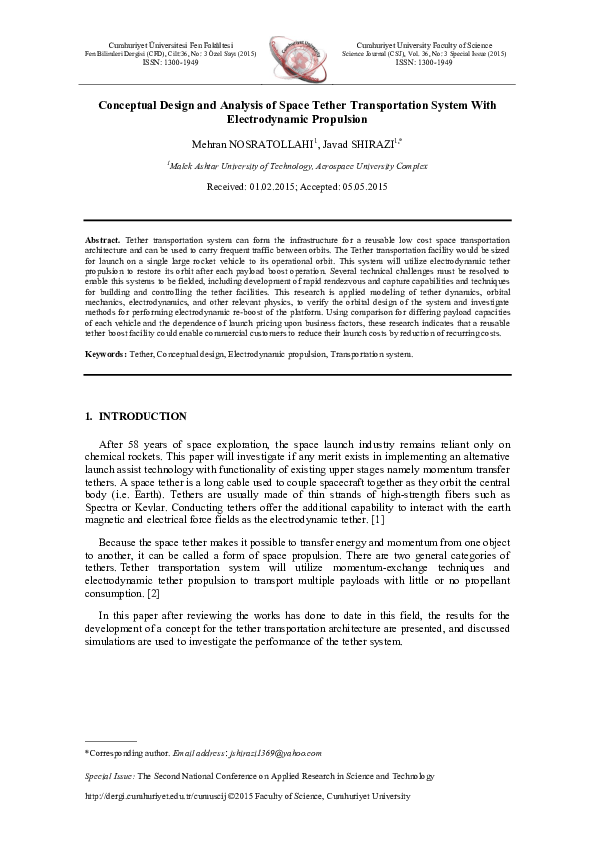 (PDF) Conceptual Design and Analysis of Space Tether Transportation ...