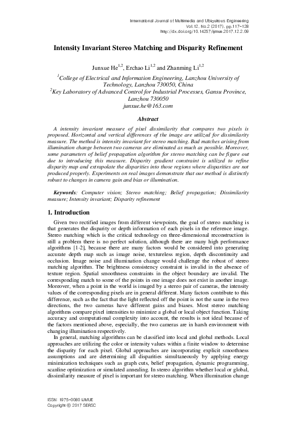 (PDF) Intensity Invariant Stereo Matching and Disparity Refinement