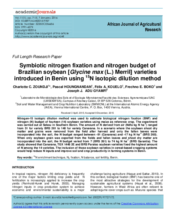 (PDF) Symbiotic nitrogen fixation and nitrogen budget of Brazilian ...