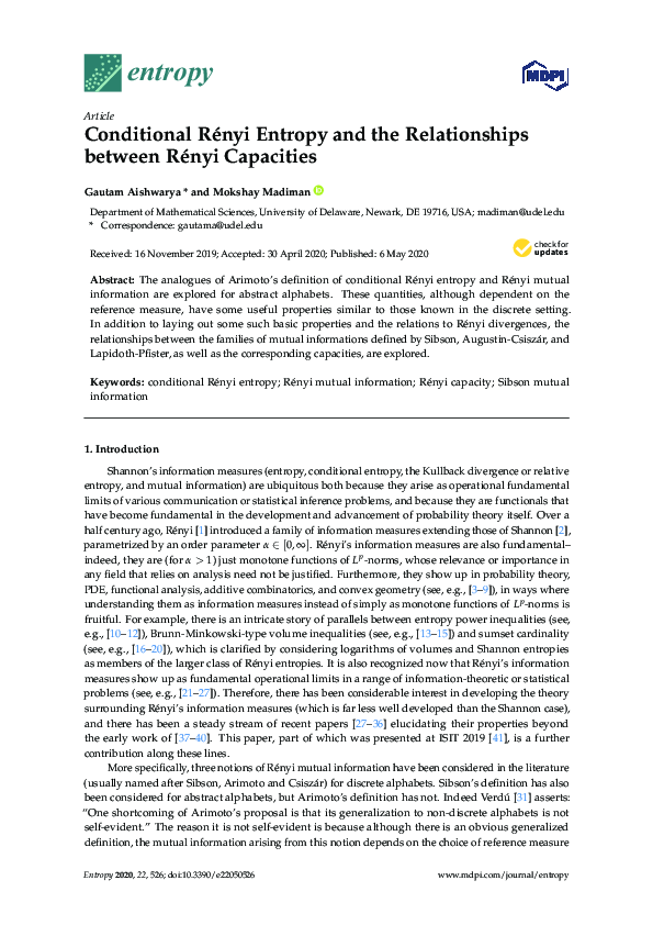 (PDF) Conditional Rényi Entropy and the Relationships between Rényi ...