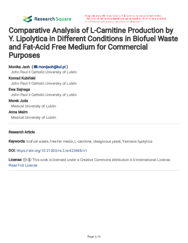 l carnitine pdf PDF) Comparative Analysis of L-Carnitine Production by Y. Lipolytica in  Different Conditions in Biofuel Waste and Fat-Acid Free Medium for  Commercial Purposes