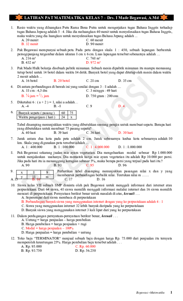 Dalam Perdagangan Pernyataan Berikut Yang Benar Adalah DOC) Latihan PAT Kelas 7 Matematika Begawasi | Made Begawasi - Academia.edu