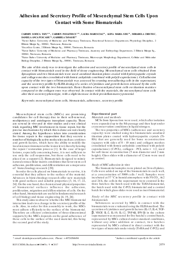 (PDF) Adhesion and Secretory Profile of Mesenchymal Stem Cells Upon ...