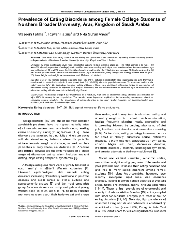 (PDF) Prevalence of Eating Disorders among Female College Students of ...