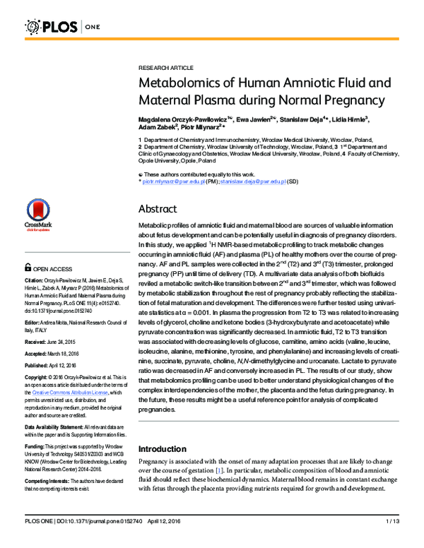 (PDF) Metabolomics of Human Amniotic Fluid and Maternal Plasma during ...