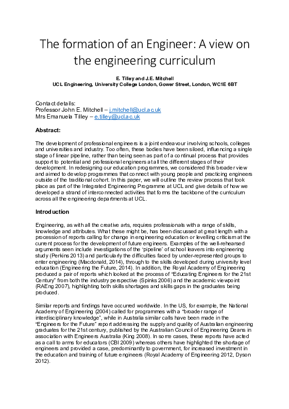 (PDF) The formation of an engineer: A view on the engineering curriculum