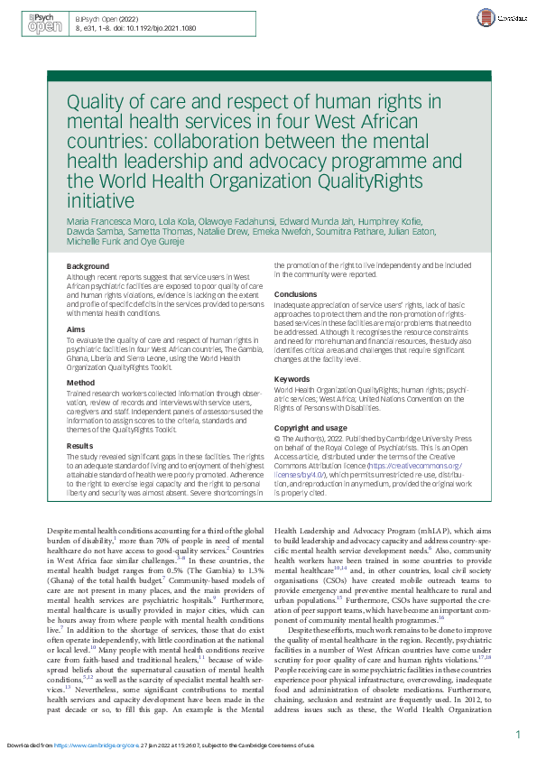 (PDF) Quality of care and respect of human rights in mental health ...
