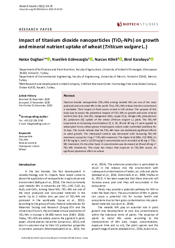 (PDF) Impact of titanium dioxide nanoparticles (TiO2-NPs) on growth and ...