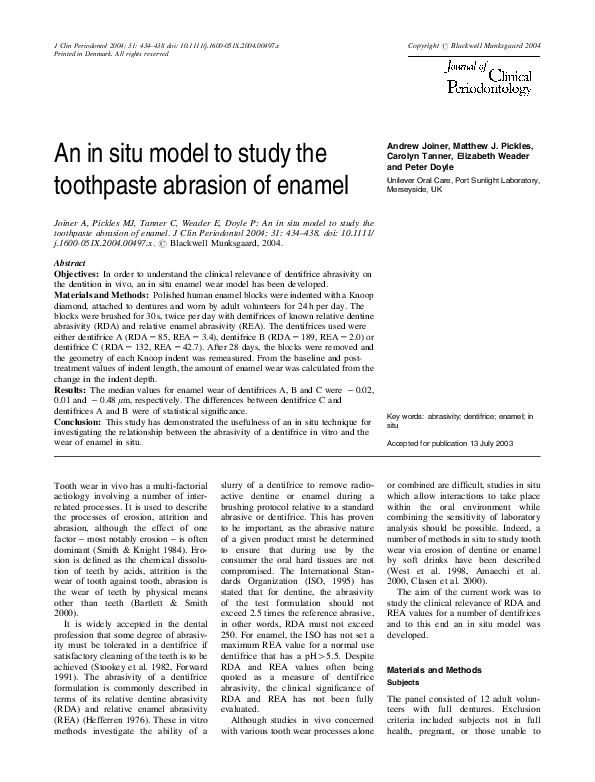 (PDF) An in situ model to study the toothpaste abrasion of enamel