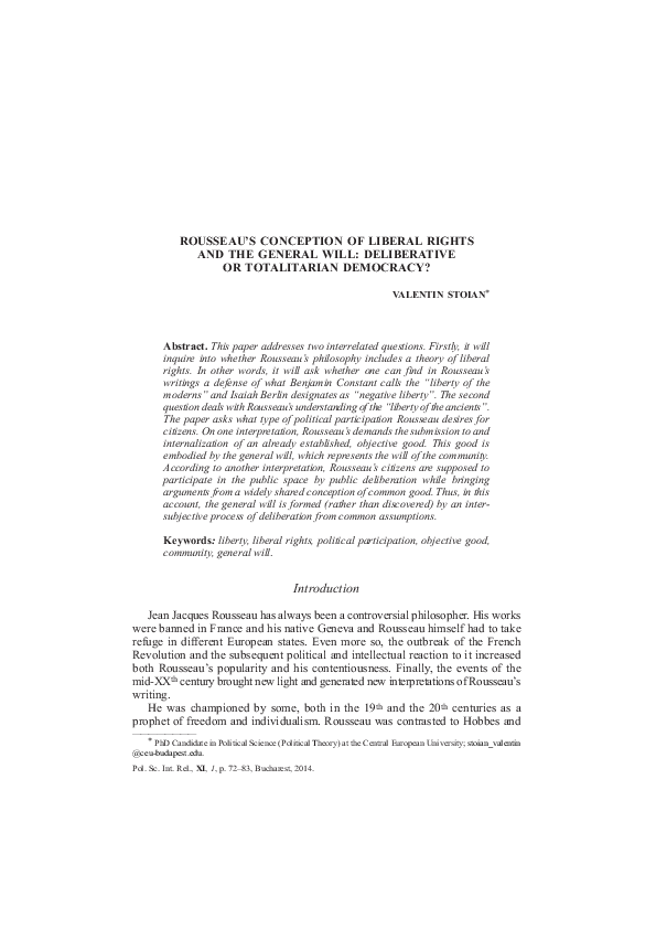 (PDF) Rousseau’s Conception of Liberal Rights and the General Will ...