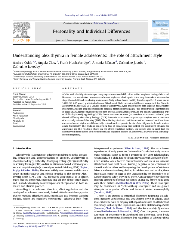 (PDF) Understanding alexithymia in female adolescents: The role of ...
