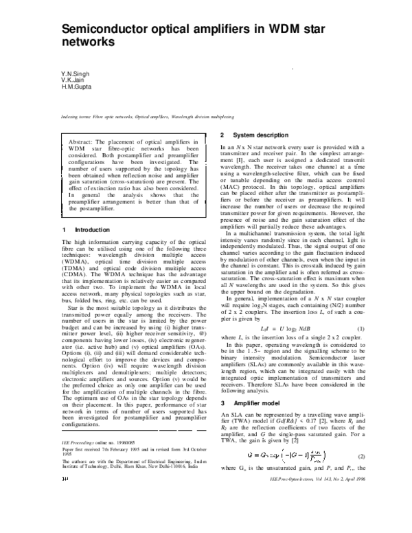 (PDF) Semiconductor optical amplifiers in WDM star networks