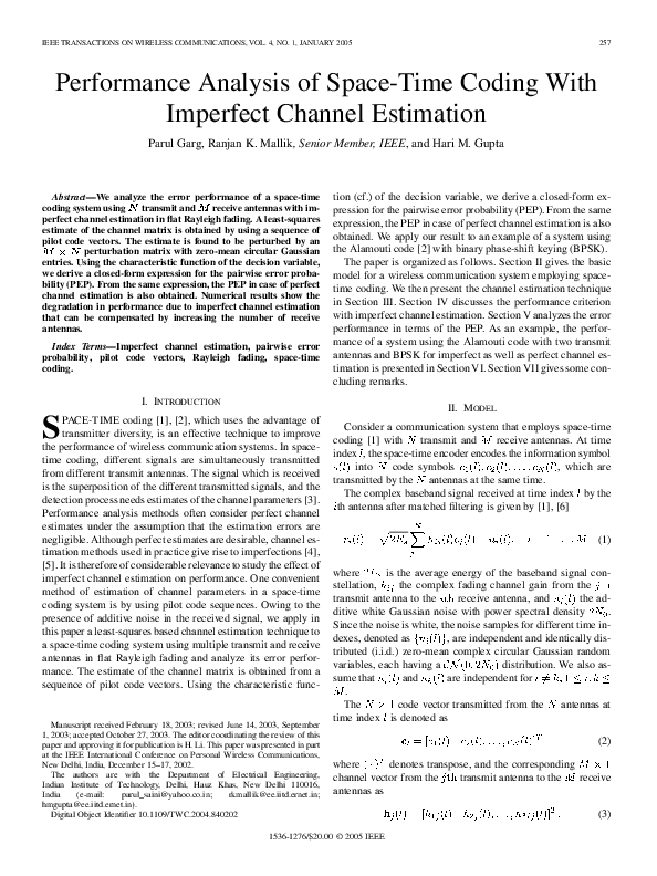 (PDF) Performance analysis of space-time coding with imperfect channel ...