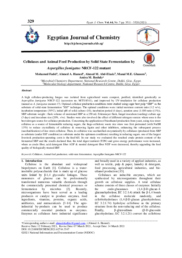 (PDF) Cellulases and animal feed production by solidstate fermentation by Aspergillus fumigatus