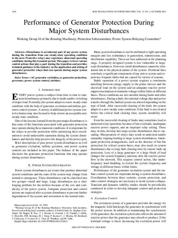 (PDF) Performance of Generator protection during major system disturbances