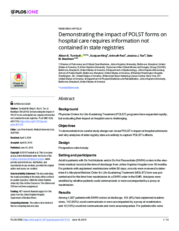 (PDF) Demonstrating the impact of POLST forms on hospital care requires ...