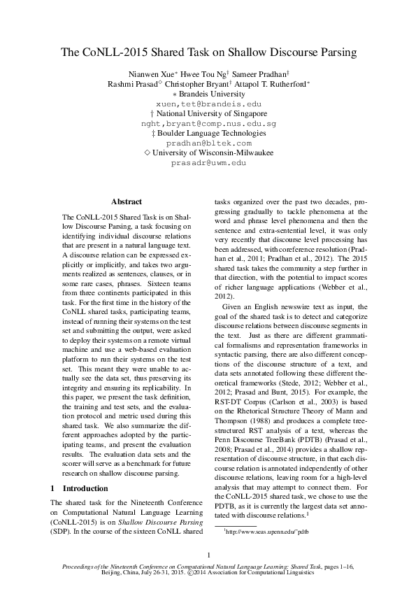 (PDF) The CoNLL-2015 Shared Task on Shallow Discourse Parsing