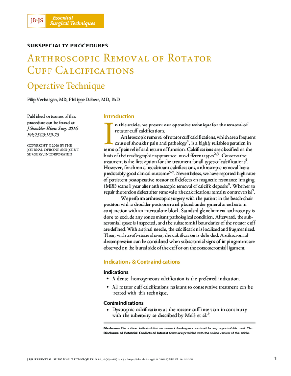 (PDF) Arthroscopic Removal of Rotator Cuff Calcifications