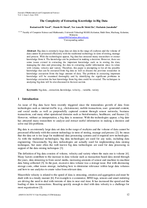 (PDF) The Complexity of Extracting Knowledge in Big Data