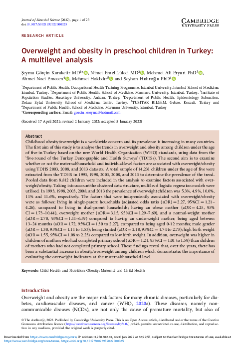(PDF) Overweight and obesity in preschool children in Turkey: A ...