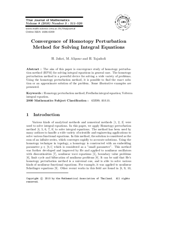 (PDF) Convergence of Homotopy Perturbation Method for Solving Integral ...