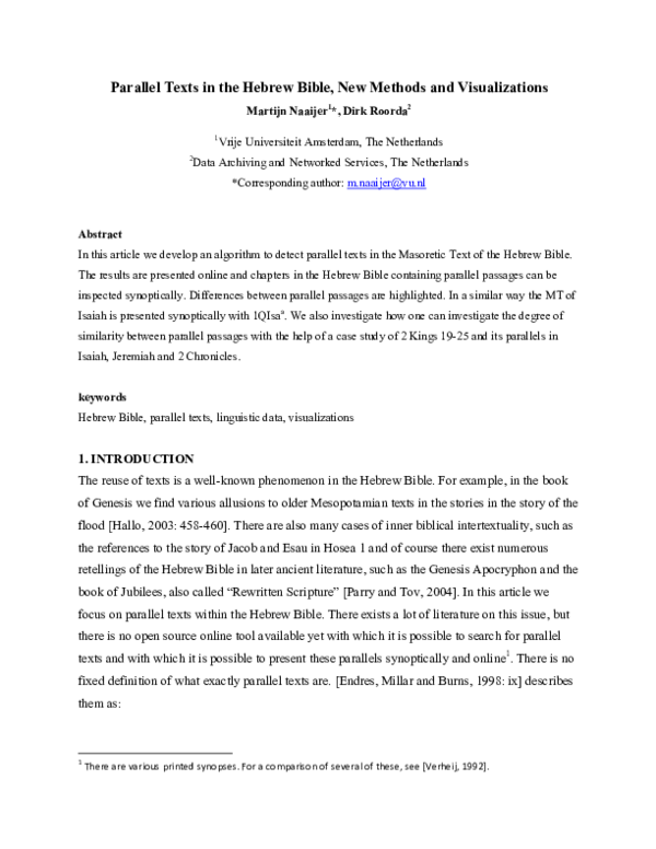 (PDF) Parallel Texts in the Hebrew Bible, New Methods and Visualizations