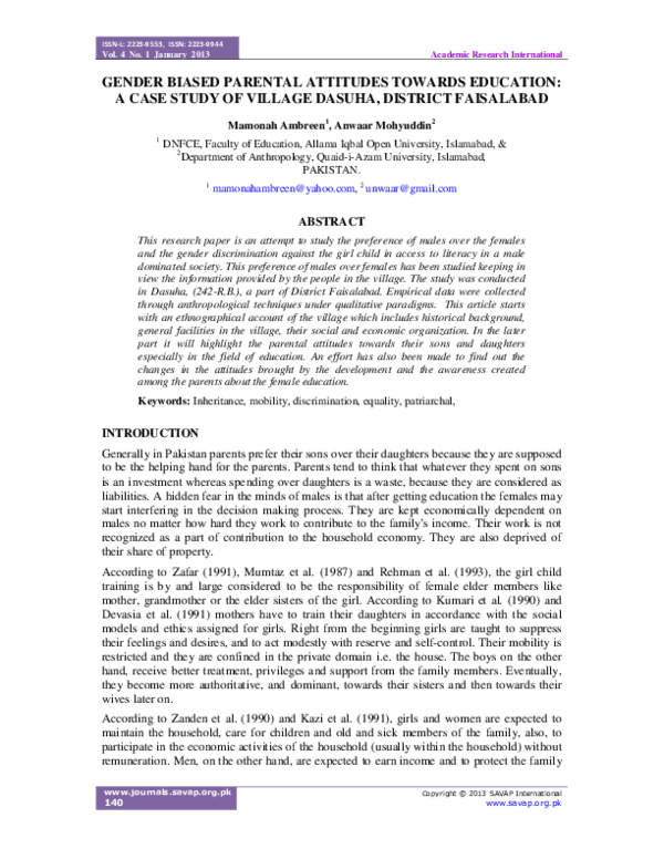 (PDF) Gender Biased Parental Attitudes Towards Education: A Case Study ...
