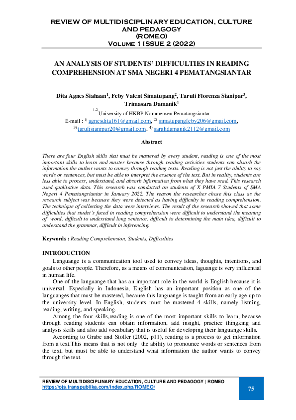 (PDF) An Analysis of Students’ Difficulties in Reading Comprehension at ...