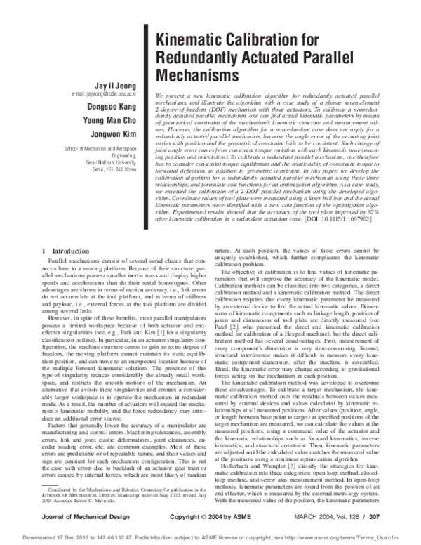 (PDF) Kinematic Calibration for Redundantly Actuated Parallel Mechanisms