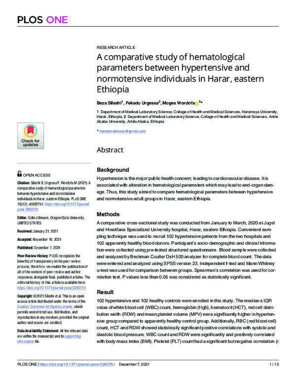 (PDF) A comparative study of hematological parameters between ...
