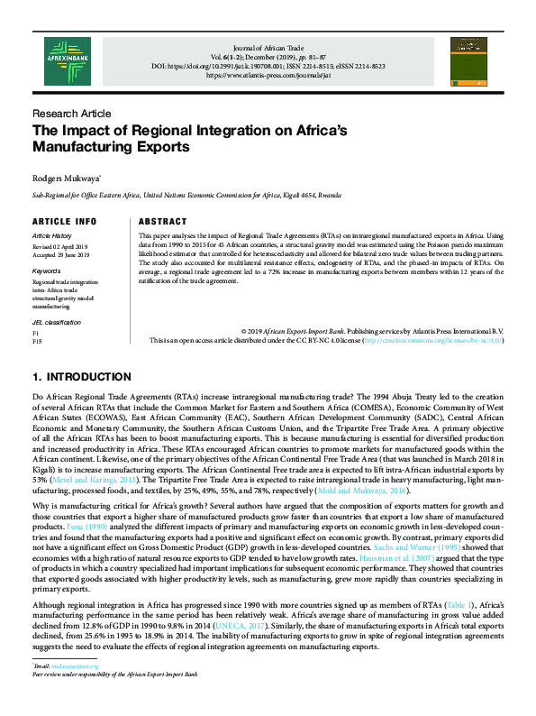 (PDF) The Impact of Regional Integration on Africa’s Manufacturing Exports