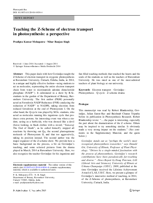 (PDF) Teaching the Z-Scheme of electron transport in photosynthesis: a ...