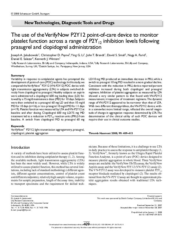 (PDF) The use of the VerifyNow P2Y12 point-of-care device to monitor ...