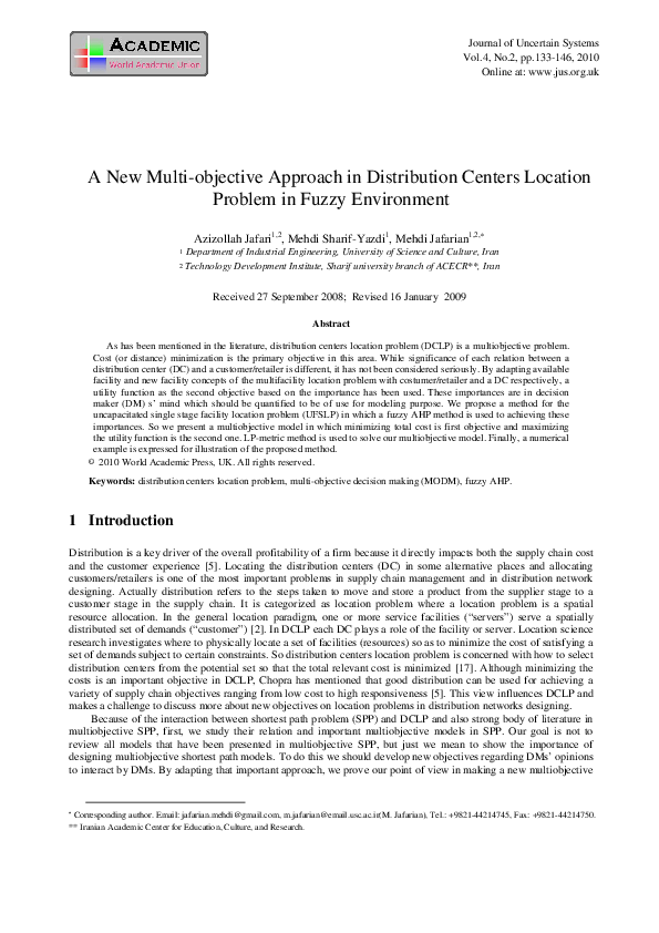 (PDF) A New Multi-objective Approach in Distribution Centers Location ...
