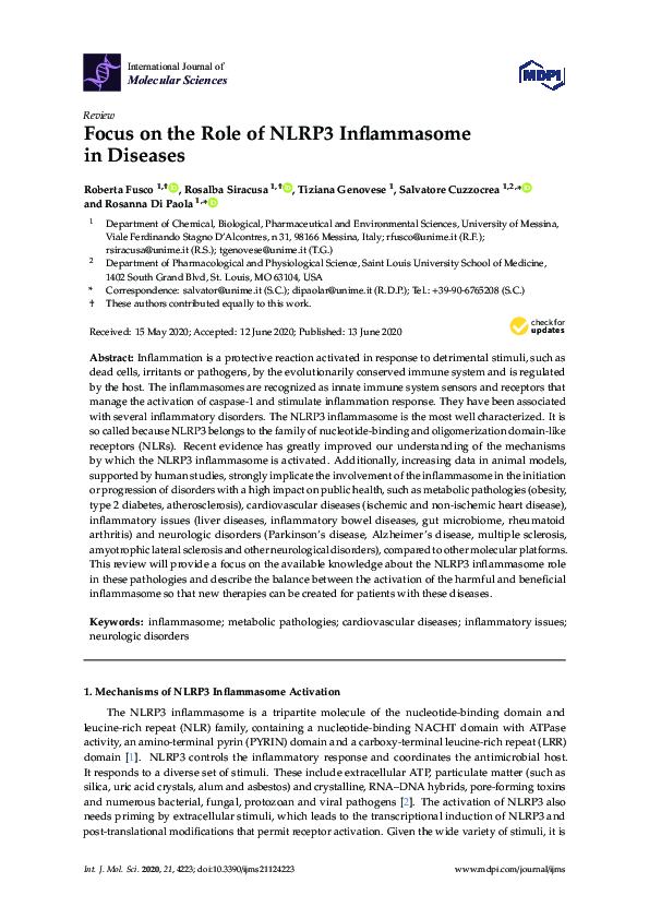 (PDF) Focus on the Role of NLRP3 Inflammasome in Diseases