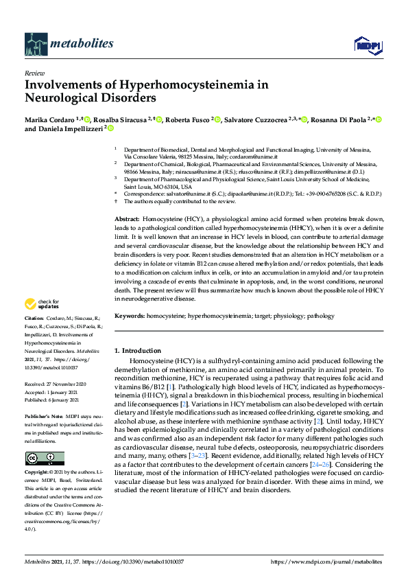 (PDF) Involvements of Hyperhomocysteinemia in Neurological Disorders