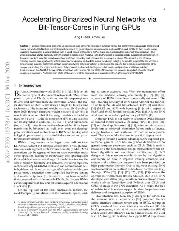 (PDF) Accelerating Binarized Neural Networks via Bit-Tensor-Cores in ...