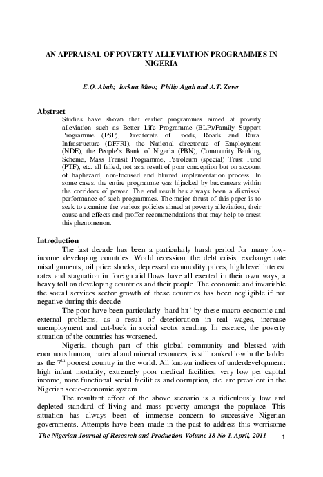 (PDF) An Appraisal of Poverty Alleviation Programmes in Nigeria