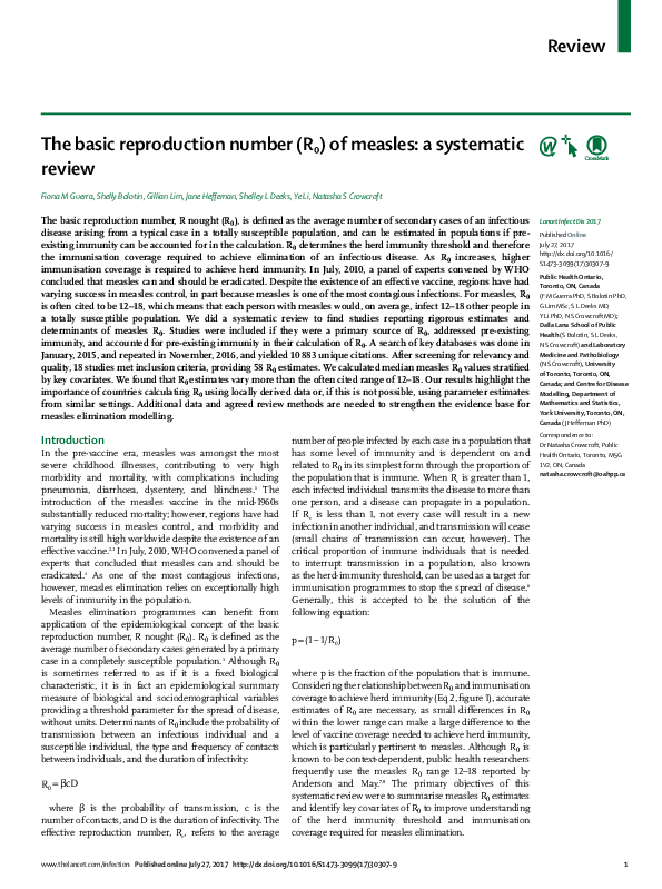 (PDF) The basic reproduction number (R0) of measles: a systematic review