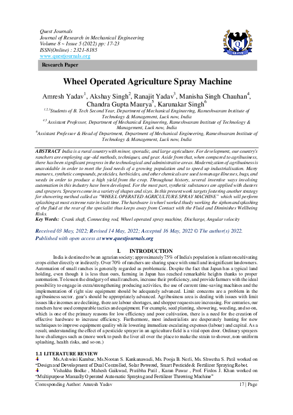 (PDF) Wheel Operated Agriculture Spray Machine QUEST JOURNALS
