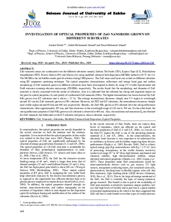 (PDF) Investigation of Optical Properties of ZnO Nanorods Grown on ...