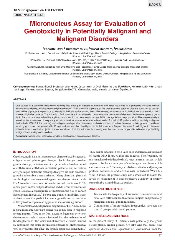(PDF) Micronucleus Assay for Evaluation of Genotoxicity in Potentially ...