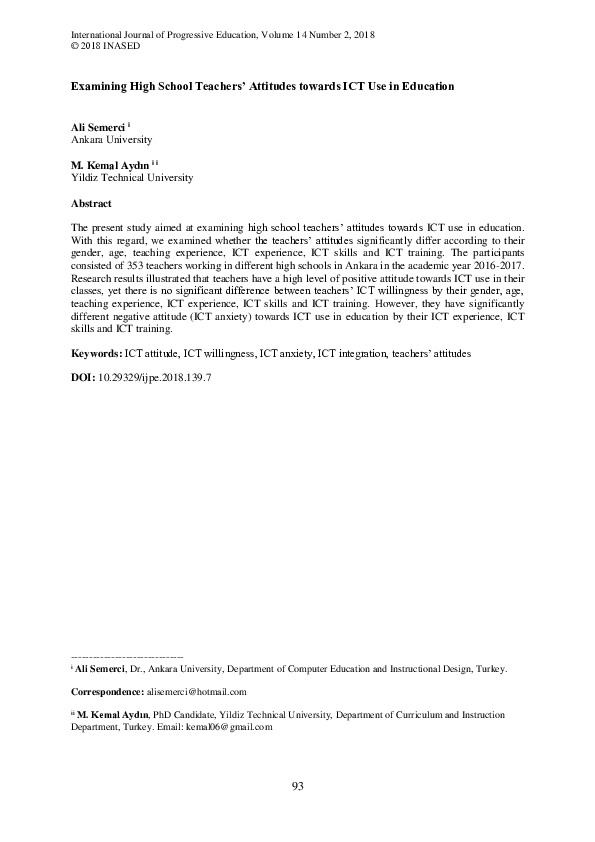 (PDF) Examining High School Teachers' Attitudes towards ICT Use in ...