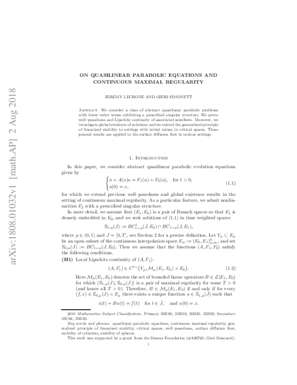 (PDF) On quasilinear parabolic equations and continuous maximal regularity