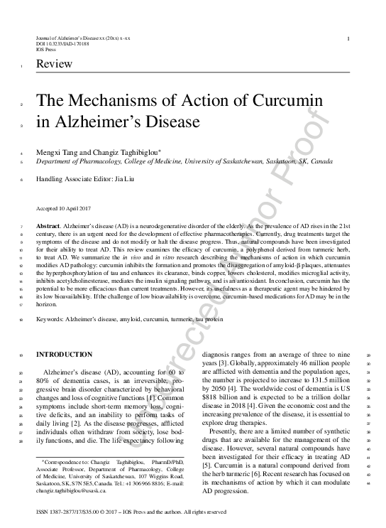 (PDF) The Mechanisms of Action of Curcumin in Alzheimer’s Disease